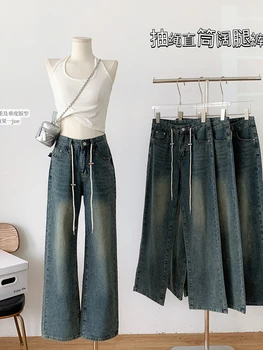 Harajuku, модные широкие брюки в стиле ретро с завязками, хлопковые джинсы с завязками, прямые женские повседневные уличные джинсы, хип-хоп