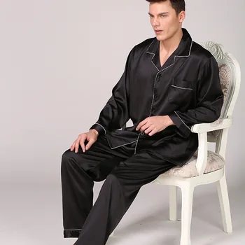 Атласный мужской пижамный комплект, черный, 2 шт., весенне-летний пижамный костюм, Мужской пижамный костюм, рубашка с длинным рукавом и брюки, плюс размер 3XL