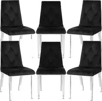 Бархатные обеденные стулья, набор из 6 мягких стульев для столовой с хромированными ножками и роскошной отделкой на пуговицах, мебель для дома