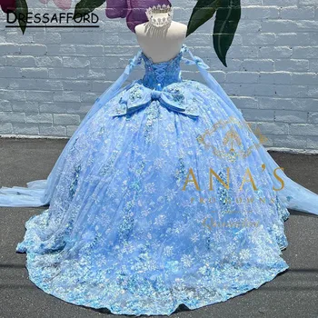 Блестящее Небесно-Голубое Бальное Платье Принцессы, Пышные Платья 2023, Аппликации, Бретельки, Расшитое Блестками, Vestidos De 15 Años