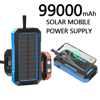 Блок питания на солнечной батарее, беспроводная зарядка, мобильный источник питания 98000 мАч с походной лампой, зарядное устройство для мобильного телефона, USB-порты, аккумулятор