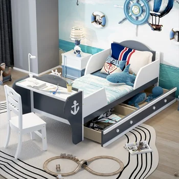 Двуспальная кровать в форме лодки, Уникальная кровать на платформе с двумя выдвижными ящиками, Двуспальная кровать со столом и стулом для спальни, для детской спальни