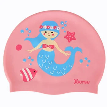 Детская силиконовая шапочка для плавания Для мальчиков и девочек, водонепроницаемая защита ушей для длинных волос, Модные милые мультяшные шапочки для плавания, оборудование для бассейна