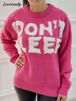Женские толстые свитера Оверсайз с низким вырезом, Осенне-зимние теплые пуловеры, вязаный свитер оверсайз с буквами для женщин, топы