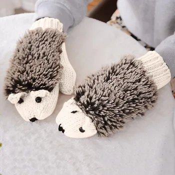 Зимние хлопчатобумажные теплые перчатки из толстого флиса с мультяшным женским ежиком, вязаные перчатки, варежки