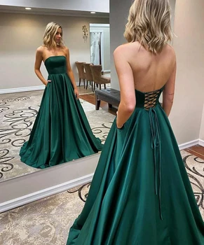 Изготовленные на заказ Длинные атласные зеленые платья для выпускного вечера с карманами, без бретелек, вечерние платья Robe de mariage