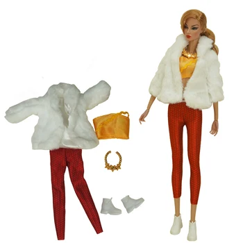 Комплект одежды/ белое плюшевое пальто + красные брюки + топ + ожерелье + обувь / 30 см кукольная одежда Для 1/6 Xinyi FR ST Куклы Барби