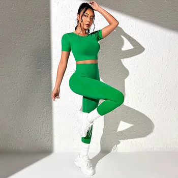 Летний Зеленый комплект для йоги, женский спортивный укороченный топ с коротким рукавом и высокой талией, Леггинсы для тренажерного зала, комплект брюк пуш-ап для фитнеса