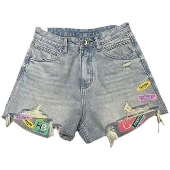 Модные цветные рваные джинсовые шорты в стиле пэчворк, женские Новые летние повседневные джинсы с высокой талией, широкие короткие джинсы s622