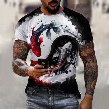 Мужская футболка с рисунком Рыбалки с короткими рукавами, 3D принтом животного Волка, Уличная футболка в стиле хип-хоп, Летняя новинка 2023 года с рисунком Тайцзи
