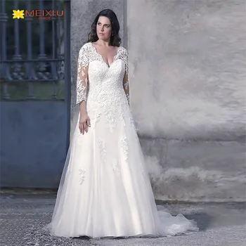 Новая наклейка С длинным рукавом, сексуальное свадебное платье с V-образным вырезом, индивидуальный цветочный дизайн, Трапециевидная линия, Плюс Размер Свадебных платьев принцессы