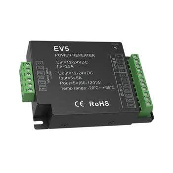 Ретранслятор питания постоянного напряжения EV5 5 каналов, по 5A на канал для подключения к светодиодной ленте постоянного напряжения RGB + CCT или модулю DC12-24V