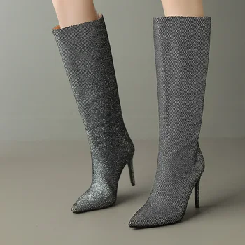 Ткань с блестками, материал для подиума, модные женские сапоги до колена на сверхвысоком тонком каблуке, зимние женские ботинки