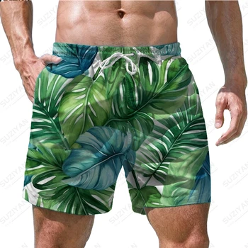 Шорты с рисунком из зеленых листьев с 3D-печатью, мужские высококачественные шорты, свободные и простые шорты для плавания, модные летние новые шорты