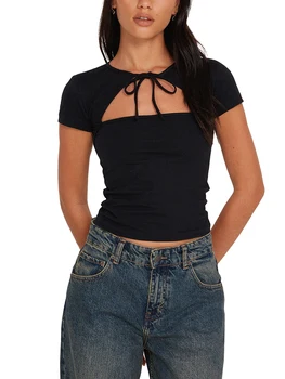 Женская тонкая футболка, рубашки с короткими рукавами, круглый вырез, на завязках, однотонные топы с вырезами, уличная одежда