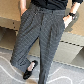 Мужские брюки в полоску с эластичной резинкой на талии, узкие повседневные брюки с прямыми штанинами, мужские брюки для официальных деловых костюмов