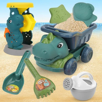 Набор игрушек для пляжа с динозаврами Игрушечный самосвал для выемки песка на открытом воздухе, динозавр с лопатой, граблями, лейкой и пляжной формой