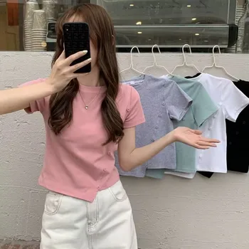 2023 Нерегулярная футболка с короткими рукавами, женская летняя мода для студенческого досуга, однотонные топы с круглым вырезом, новые Женские Корейские простые розовые футболки