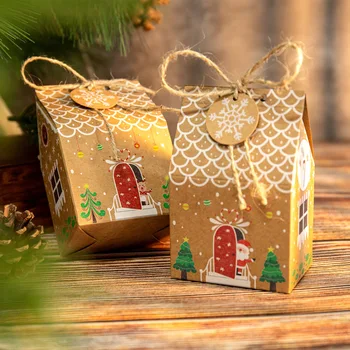24шт Рождественские пакеты для конфет из крафт-бумаги в форме домика Рождественская подарочная коробка для печенья своими руками Упаковочные коробки с веревками Рождественские Украшения