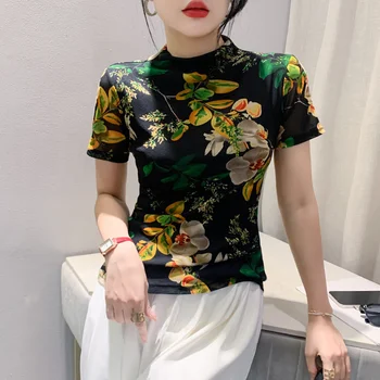 # 8543 Винтажная сетчатая футболка с полувысоким воротником и 3D цветочным принтом, обтягивающая футболка с коротким рукавом, Женская летняя Черная короткая футболка на резинке
