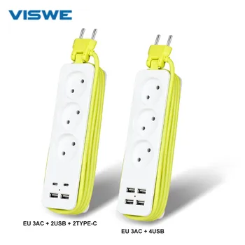 VISWE EU Plug Power Strip USB C 5V 3.1A, удлинитель 1,8 м, 3 русские розетки с зарядным устройством для смартфона Usb Type-C.