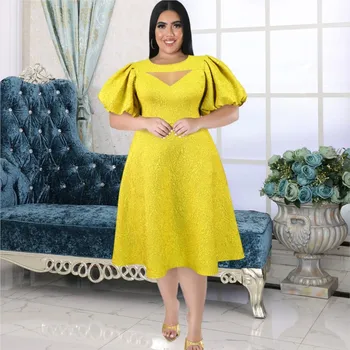 Желтое Модное жаккардовое платье из жаккардовой ткани, элегантное платье с пышными рукавами, летние вечерние африканские платья в стиле Дашики для женщин, халаты из Анкары