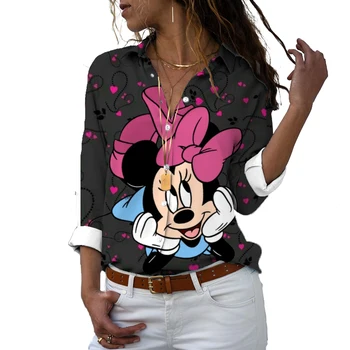 Женская рубашка с длинными рукавами и принтом Disney Plus, повседневная милая рубашка с Микки и Минни
