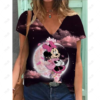 Женская футболка Disney С принтом Минни и Микки Мауса в стиле Харадзюку, Летняя Женская футболка Для Леди и девочек, Забавные футболки с V-образным вырезом