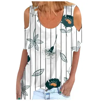 Женская футболка с открытыми плечами, Летние топы с короткими рукавами, повседневные топы с принтом/Однотонные топы, Милая рубашка свободного кроя с круглым вырезом
