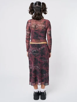 Женский комплект юбок с цветочным буквенным принтом, укороченный топ с круглым вырезом и низкой талией, длинная юбка, осенний наряд