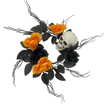 Искусственный венок на Хэллоуин, имитирующий гирлянду из листьев розы, Миниатюрный череп, черно-оранжевые розы для вечернего украшения дома