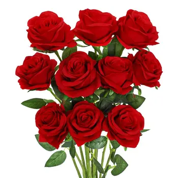 Искусственный цветок розы, красные шелковые розы на стебле, букет цветов, Свадебный декор для дома, упаковка из 10 (красный)