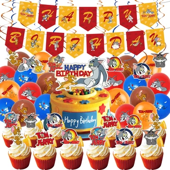 Кошки-мышки Воздушные шары Баннер С Днем Рождения Классический Мультфильм Аниме Торт Топпер Джерри Том Баллоны Декор для вечеринки Подвесная игрушка-вихрь