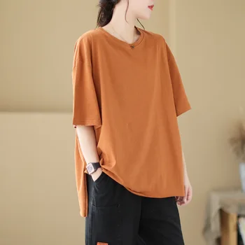 Летнее Новое женское корейское издание, Оранжевая однотонная Свободная футболка большого размера с круглым вырезом и коротким рукавом, удобный топ