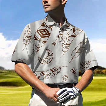 Модный тренд Мужская рубашка для гольфа Повседневная дышащая удобная рубашка с принтом из перьев Простая пуговица на лацкане Мужская роскошная рубашка поло