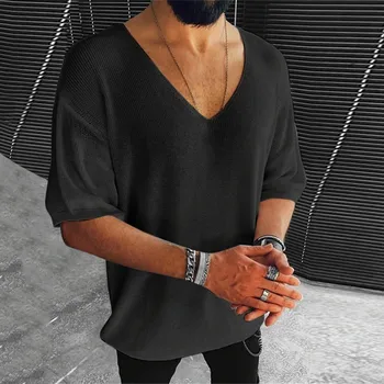 Мужская летняя повседневная однотонная трикотажная футболка, блузка с коротким рукавом, V-образный вырез, топы с открытыми плечами, футболка