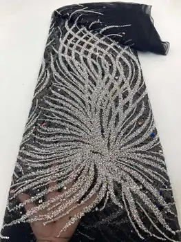 Нигерийская кружевная ткань с французскими блестками, горячая распродажа, ручная работа, 2023, Африканская кружевная ткань с вышивкой бисером для женского шитья