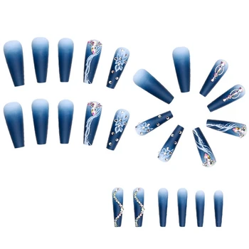 Сине-черная аппликация в виде бриллиантовой градиентной камелии, накладные ногти, наконечники для ногтей, съемные накладки для ногтей, бриллиантовые гвозди
