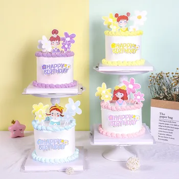 топпер для торта с цветами для девочек, крещение детей, желто-фиолетовый, с днем рождения, аксессуары для украшения торта, инструменты, кексы