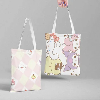 Холщовая сумка Sanrio на молнии, студенческая сумка из аниме, сумка для покупок, большая вместительная сумка через плечо Cinnamoroll Kuromi My Melody